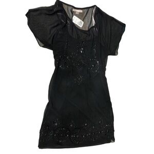 Black Beaded Chiffon Mini Dress Short Sleeve Forever21 Sheer Embroidered [XS]NWT